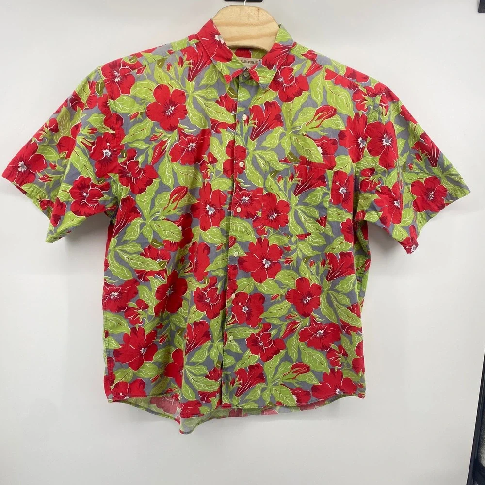 Banana Republic Button Up Shirt Mens XL Red Floral Tropical Short Sleeve VTG